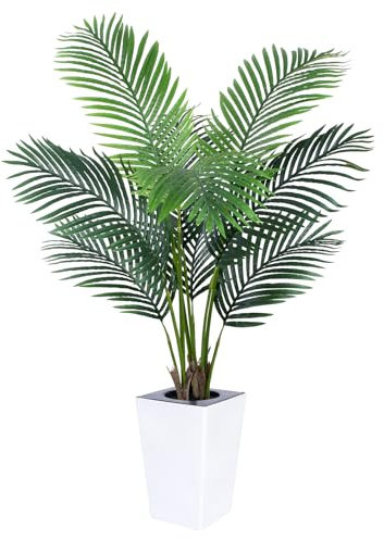 Yepdin 5FT Artificial Palm Tree with White Tall Planter - Fake Tree Areca Floor Plant in Pot - Artificial Silk Plants for Indoor Home Office Decor