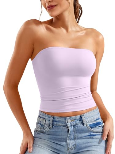 ZAAYO Axelfri tubtopp dam bandeau topp Y2K smal passform crop top sexig sommartoppar dubbelfodrad linne topp, Ljusviolett, S