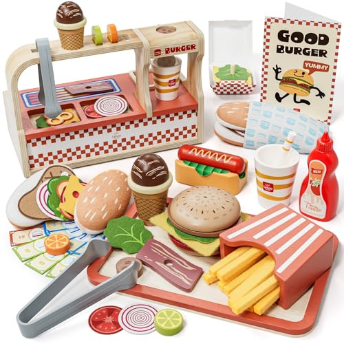 Lehoo Castle Cuisine Enfant en Bois, Accessoire Cuisine Enfant, Jouets Aliments Dinette avec Hamburger, Cadeau pour Garçon Fille 3 4 5 Ans