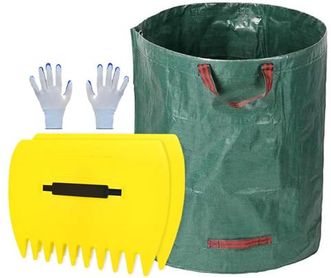 Rastrillo para hojas con mango ergonómico, para jardín, rastrillo de mano grande, mango de recogida de hierba grande con bolsa de basura, agarre ergonómico para hojas, recortes y basura