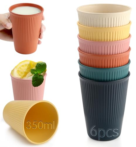 Mbsomnus Set med 6 återanvändbara drycksglas av 350 ml - Gjorda av hälsosamt polypropylen utan BPA - 6 mörkare färger - Tål diskmaskin och mikrovågsugn