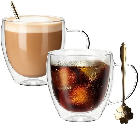 Vaso de café de doble pared de vidrio con asa, taza de té térmica con cuchara, vasos de vidrio aislados transparentes para bebidas calientes o frías, vasos de té de doble pared (2, 250ML)