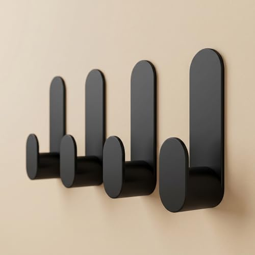 DEKAZIA® 4er-Set Klebehaken Schwarz selbstklebend ohne Bohren, extra stark | Wandhaken, Handtuchhaken, Handtuchhalter, Küchenhaken, Garderobenhaken, Badezimmerhaken, für Bad, WC & Küche, modern
