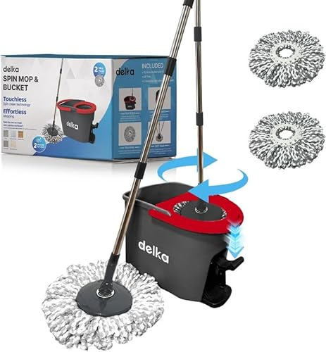 delka Spin Mop and Bucket Set – Easy Foot Pedal Water Removal, 360° Swivel Motion, Includes 2 Microfibre Mop Heads, All-Surface Cleaning, Splash Guard for Clean Mopping (Spin Mop Black and Red)