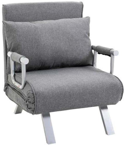 HOMCOM 3 in 1 Schlafsessel Klappbar Bettfunktion, Leinenoptik Grau | Schlafsofa, Verstellbare Rückenlehne, Kissen, Gästebett, Relaxsessel, Klappsessel, 65 x 69 x 80 cm