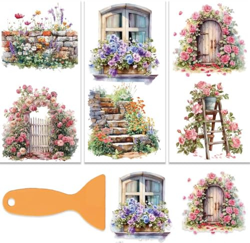 OLYCRAFT 3 st/set trädgård gårdstema gnugga på överföringar för möbler och hantverk 15 x 30 cm blommor fönster möbeldekal överföra klistermärken gnugga på dekal för klippbok fönster heminredning