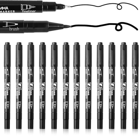 Black Marker Pen Dual Felt Tip Pens Set Waterproof Black Sharpie Pen Colouring Pens Permanent Fineliner Biro Pen for Adults Children Art Drawing Sketching Dooding Marking Glass (12, Black-12pcs)