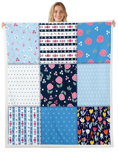 Coperta in pile con fiori bohémien, a pois blu, per bambini, ragazze, ragazzi, adulti, patchwork, floreale, plaid sfocato, rosa, floreale, sherpa, coperta per sedia, divano, letto, 101 x 127 cm