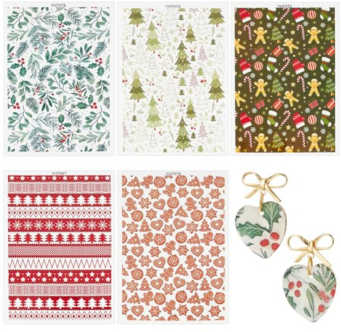 UNICRAFTALE 5 Blätter 5 Stile Polymer Keramik Transferfolien Weihnacht Keramik Ton Wasser Transferpapier Unterglasur Dekale für DIY Ohrringe Anhänger Gestrickte Ton Transferfolie