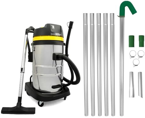 Gutter Cleaning System 60L Wet & Dry Hoover & 24ft Gutter Vacuum Pole Kit Long Reach Drain Pipe Sucker 1.2m - 7.2m 51mm Diameter Aluminium Nozzles 1400w Motor Industrial 1.5m Hose 9m Cable