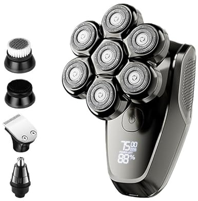 Azarton Glatzenrasierer Elektrisch, 7D-Flex-Technik, IPX7 Wasserdicht, Nass- und Trockenrasur, 8000 U/min Motor, 5 Aufsätze, USB Wiederaufladbar (Silber5+1)