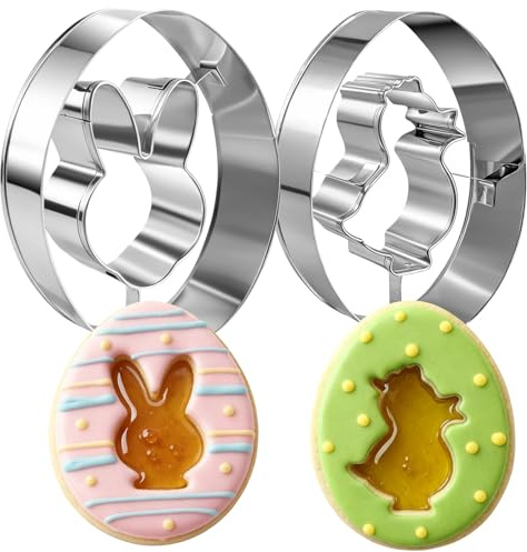 Easter Cookie Cutters, 2 Pieces Chick Egg Bunny Rabbite Shapes Stainless Steel Cookie Cutters Double-Sided Metal Mini Cookie Cutter Holiday Themed Baking