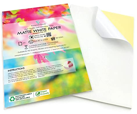 Evergreen Goods Ltd 100 hojas A4 blancas de papel adhesivo mate con reverso autoadhesivo | Papel fotográfico duradero para impresoras de inyección de tinta y láser | Papel adhesivo para imprimir con