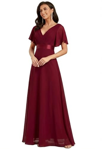 Ever Pretty Glamorous Double V-Neck Ruffles Padded Evening Dress, Burgundy1, 18 UK