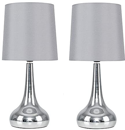 MiniSun | Modern Chrome Teardrop Touch Table Lamps with Grey Fabric Shades | Table Lamps, Home Décor & Improvement Essential | Set of 2