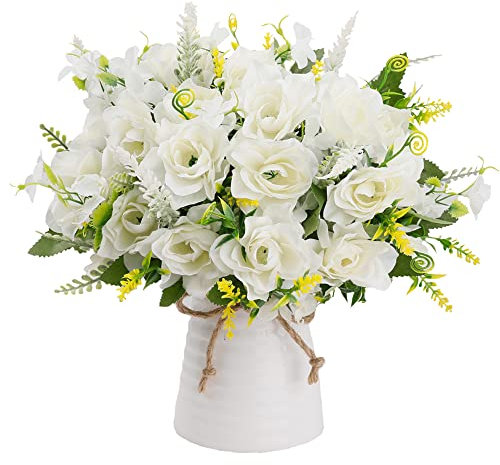 LESING Artificial Flowers with Vase for Table Centerpieces,Fake Silk Gardenia Flower in Vase Decoration for Home Office Party (White)