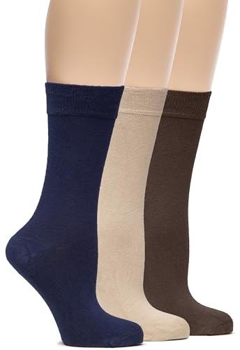 Hugh Ugoli Calcetines de Media Caña Mujer de Bambú Suaves, 3 Pares, Calcetines Finos para Negocios, Pantalón y Uso Casual, Azul Marino, Beige, Marrón, Talla 39-43