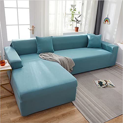 OKJK 2pcs Sofa überzug ecksofa für Wohnzimmer elastischer überwurf Sofa für Leder sofabezug l Form, Couch überzug l Form (Lake Blue,2 Seater + 3 Seater)