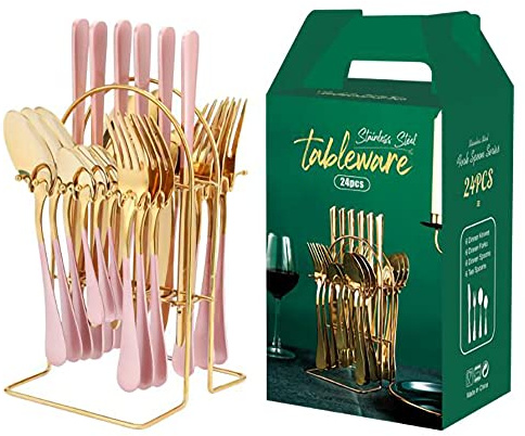 Set Di 24 Pezzi Di Argenteria Da Cucina, 430 In Acciaio Inossidabile, Set Di Posate Per 6, Set Di Argenteria Unico Con Portaoggetti, Confezione Regalo, Lavabile In Lavastoviglie (Rosa)