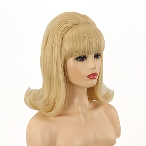 FVCENT Hippie Perücke 70er Jahre Retro Bienenstock Stil Vintage Look Flicked Beehive Bob nach außen gewellt mit Pony (Blonde)