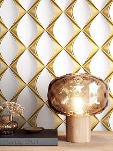 NEWROOM Tapet Vit Guld Vliestapet Retro - Glamour 3D Optik Rutmönster för Vardagsrum Sovrum