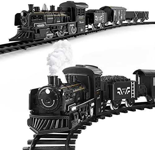 TOYANDONA Ensemble de Train avec Locomotive à Vapeur Jouet de Train Électrique pour Garçons Filles avec Fumées Lumières Et Son Voitures de Fret Et Voies Ensembles de de Noël sous Le