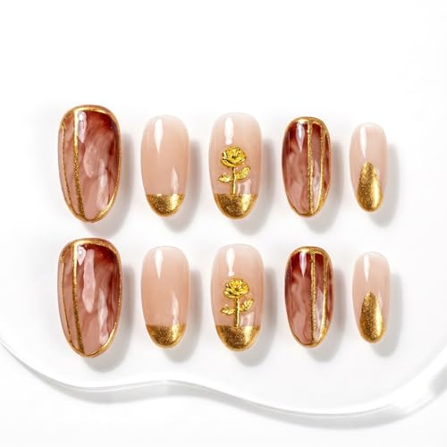 Sun&Beam Nails Handgefertigte Press-On Nails Medium Oval Nude-Rosa (#015 M) | Nude-Rosa mit goldenen Linien, Rosenakzent und glänzendem Finish im 10-teiligen Set