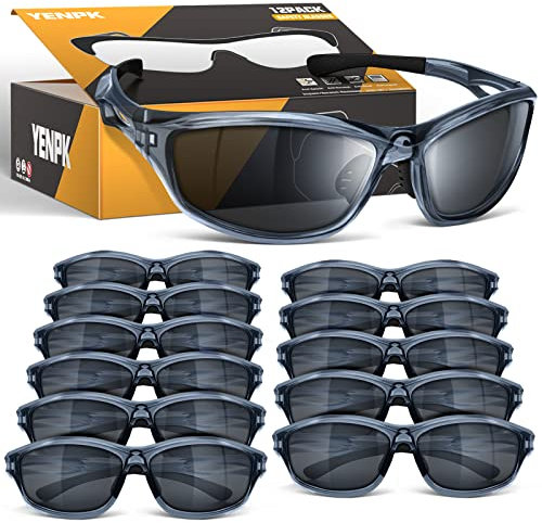 YENPK Lot de 12 lunettes de sécurité pour homme et femme ANSI Z87.1+ Standard UV400, protection enveloppante des yeux, résistantes aux rayures et aux chocs (verres et monture gris foncé)