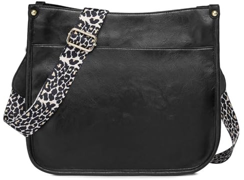 FORRICA Sac à Bandoulière Femme Mode Sac Messager Fille Sac Porté Épaule Besace Vintage Cuir PU Bretelles Léopard Noir A