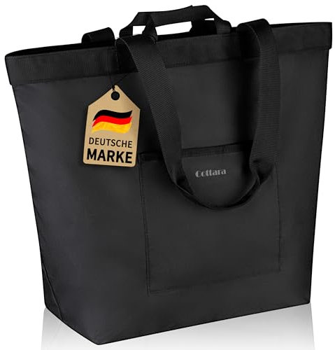COTTARA® Einkaufstasche groß | Shopper mit Reißverschluss, verstärktem Boden und wasserabweisendem Material | Ideal als Tragetasche, Shopping bag, Badetasche Herren und Damen | schwarz 40L