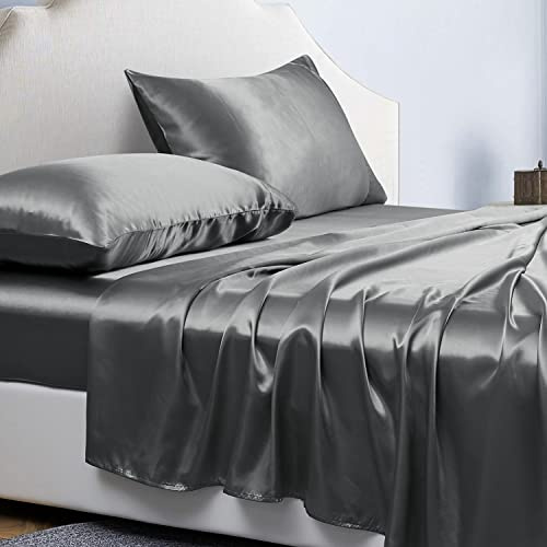 Jemiipee Parure de Lit Satin Couleur Unie Drap Housse - 180x200 cm 2 Personnes avec Grand Bonnet de 36 cm - Ensemble 4 Pièces - Drap Housse, Drap Plat et 2 Taie d'oreiller, Gris Foncé