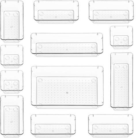 Stackzy Set di organizer per cassetti, vassoio organizer per trucchi, contenitore trasparente per cosmetici, per camera da letto, set di posate per utensili, divisorio, per riporre e organizzare la