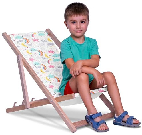 DreamRoots Kinder Liegestuhl Holz Gr. S, Happy Sky | Klappbarer Campingstuhl faltbar, für Garten & Strand, bis 130 kg, waschbarer Bezug, 100% Polyester, UV-beständig, Kinderliege