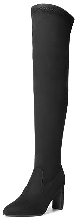 DREAM PAIRS Women's Over The Knee Stretch Thigh High Boots Chunky High Heels Pointed Toe Long Fall Boots,Size 7.5,Black-Suede,SDOB2303W