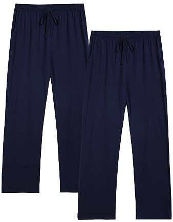 Winovia Confezione da 2 pantaloni da pigiama da uomo, lunghi, leggeri, in cotone, per il tempo libero, con elastico in vita e taglio dritto, blu scuro + blu scuro, XL