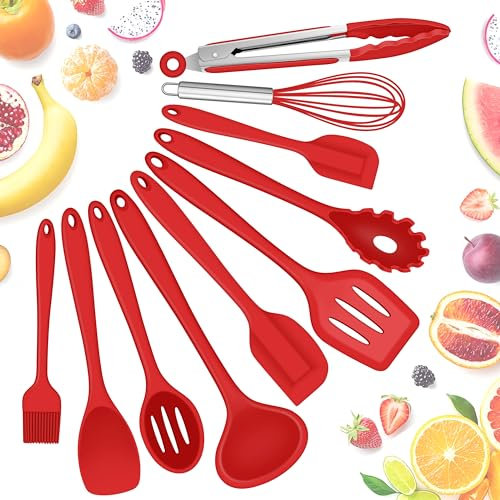 Herogo Juego de utensilios de cocina, 10 unidades, de silicona, no tóxico y apto para lavavajillas (rojo)