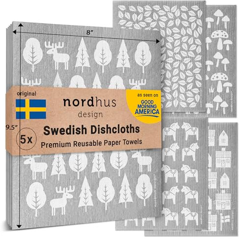 Nordhus Design Large Swedish Dishcloths, 5 Grey Cloths, Made in Sweden - 9.5 x 8 inch Reusable, Washable Cellulose Cotton Kitchen Cloths - Replace Paper Towels, Wipes, Sponges, Dish Rags