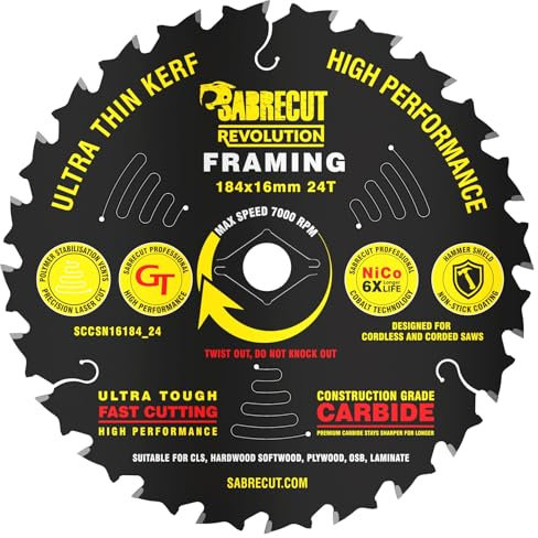 1 x SCCSN16184_24 SabreCut 184mm 24T x 16mm Bore High Performance Ultra Thin Kerf Wood Plywood MDF Chipboard Framing Circular Saw Blade