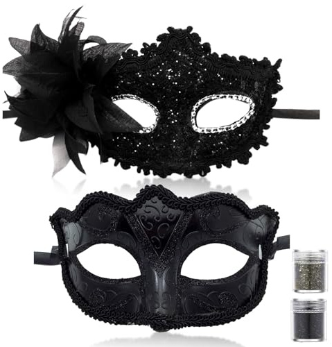 AYNKH 2PCS Couple Masquerade Masks with Face Glitters Cosmetics, Shiny Sequins Feather Lace Mask Venetian Party Carnival Halloween Costume for Men Women