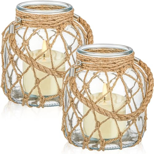 Blushtier 2 Set Nautical Candle Lantern with Rope Handle Coastal Glass Jar Battery Operated LED Flameless Lantern for Room Party Sea Beach House Table Centerpieces Decoration 5.5 x 5.5 x 6.3