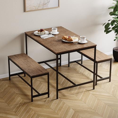 Vida Designs Roslyn 4 Seater Dining Set | Dark Wood | 3 Piece Dining Room Complete Set | 75H x 110W x 70D cm | with 2 Benches | Rustic | Solid Metal Frame | Industrial Design
