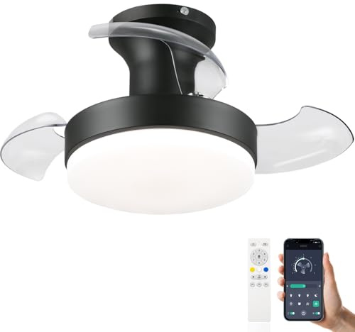 Pequeño 52cm Ventilador De Techo Con Luz Aspas Retráctiles Y Mando A Distancia, Lampara Ventilador Techo Silencioso Dormitorio Habitacion Pequeña Regulable 6 Vel Reversible Motor DC Temporizador-negro