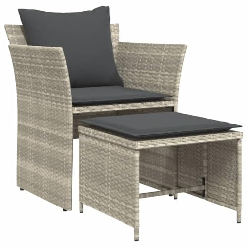 vidaXL Gartenstuhl mit Fußhocker, Gartensessel mit Kissen Stahlrahmen, Stuhl Sessel für Garten Terrasse, Gartenmöbel, Hellgrau Poly Rattan