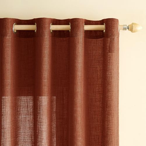 EMEMA Leinenvorhang Gardinen Vorhänge mit Ösen Ziegelrot 2er H225xB140cm | 2er Set Leinenvorhang mit Ösen Halbtransparent für Wohnzimmer Dekoschal Kinderzimmer Schlaufenschal Küchengardinen 140x225cm
