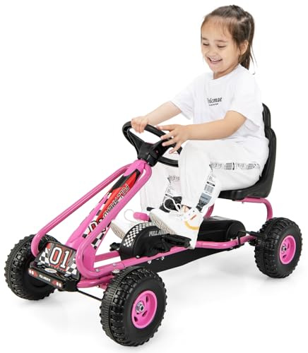 GOPLUS Go-Kart pour Enfant 3-6 Ans,Kart à Pédales Extérieur avec Siège Réglable sur 2 Positions, Frein à Main, Pneus,Go-Kart pour Garçons et Filles, 86 x 50 x 55CM (Rose)