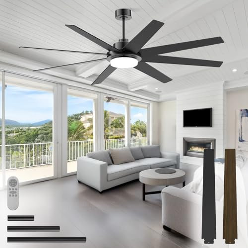 72 Inch Ceiling Fan with Light and Remote Smart App, 8-Blade Large Ceiling Fan for Living Room Patio, Quiet DC Motor Natural Breeze Circulation, Wobble-Free Heavy Duty, 3CCT Dimmable, Black Modern Fan