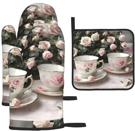 Set di tazze da tè con rose, guanti da forno e presine con stampa romantica in stile shabby chic, guanti da ristorante, cucina, forno a microonde