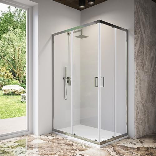 Box Doccia Angolare Due Ante Scorrevoli Cristallo Temperato 6mm Profili Squadrati Cromati Altezza 185 cm - Tonga (Vetro Trasparente, 70x90)