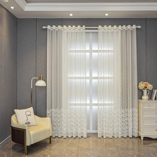 Kurze Gardinen für Wohnzimmer Kurzgardine 2er Set Weiß Voile Halbtransparent mit Blattstickerei H115 x B96 cm (2er Pack) Polyester