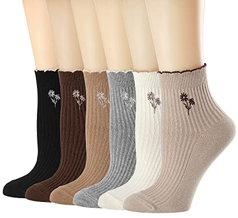 Mcool Mary Women's Ruffle Socks,Casual Cute Flower Embroidered Ankle Breathable Cotton Knit Lettuce Crew Frilly Socks for Women 6 Pack